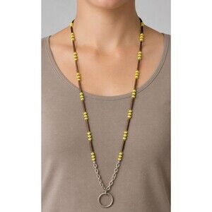 Beaded Eyeglass Holder Necklace 30 Inch Silver Tone Ring Yellow Brown